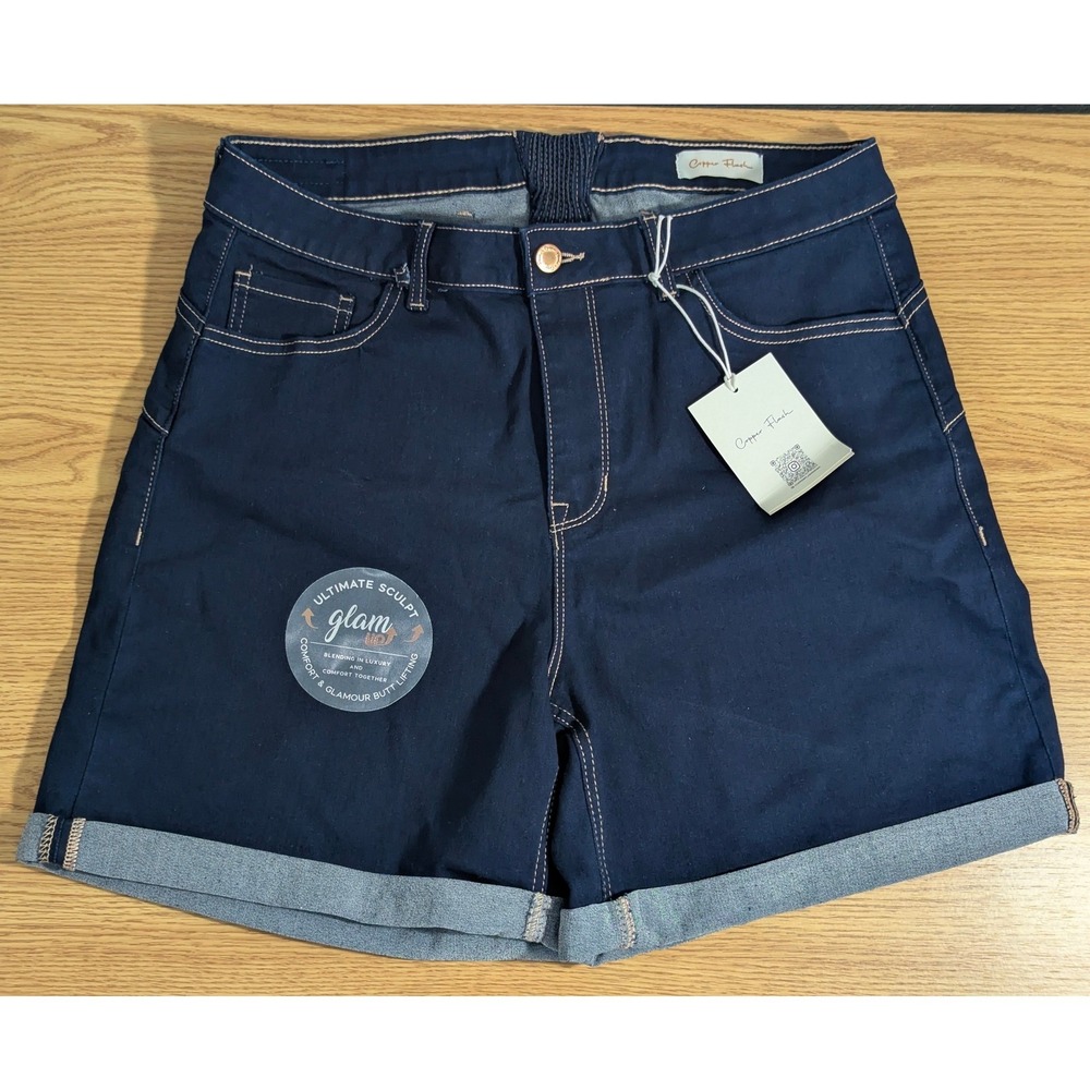 Copper Flash Glam Up High Rise Shorts Indigo Blue Denim Size 18W NWT